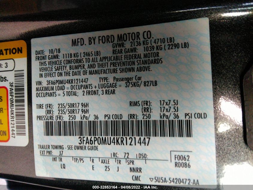 2019 FORD FUSION HYBRID SEL 3FA6P0MU4KR121447