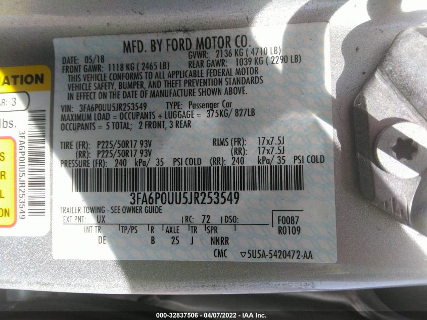2018 FORD FUSION HYBRID S 3FA6P0UU5JR253549