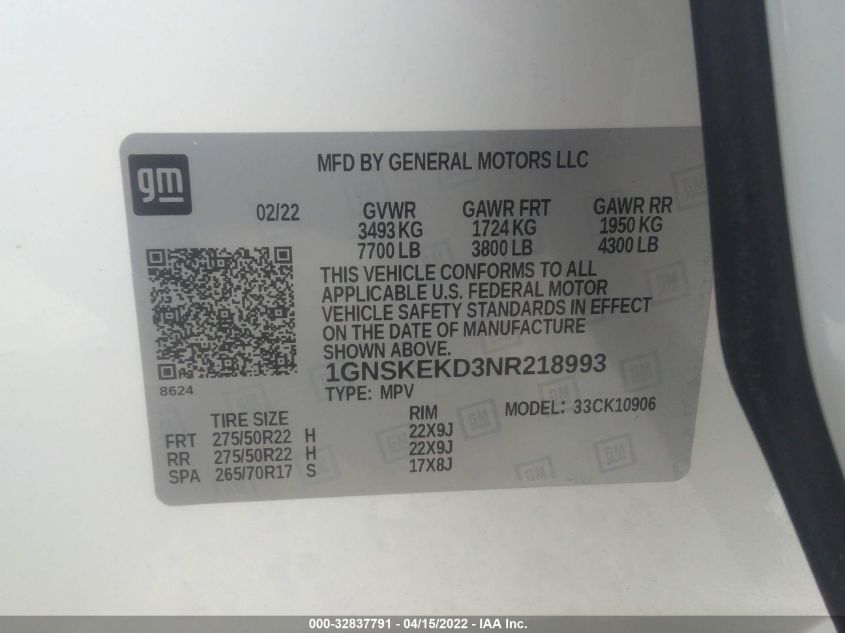 2022 Chevrolet Suburban - 1GNSKEKD3NR218993