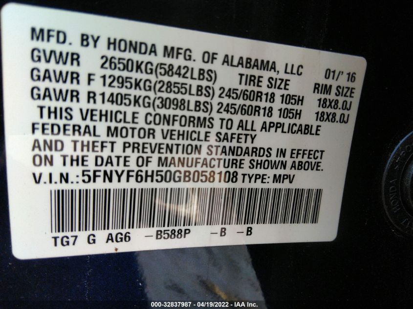 2016 HONDA PILOT EX-L 5FNYF6H50GB058108