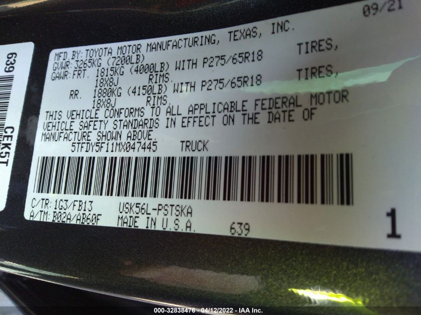 2021 TOYOTA TUNDRA 4WD SR5/TRD PRO 5TFDY5F11MX047445