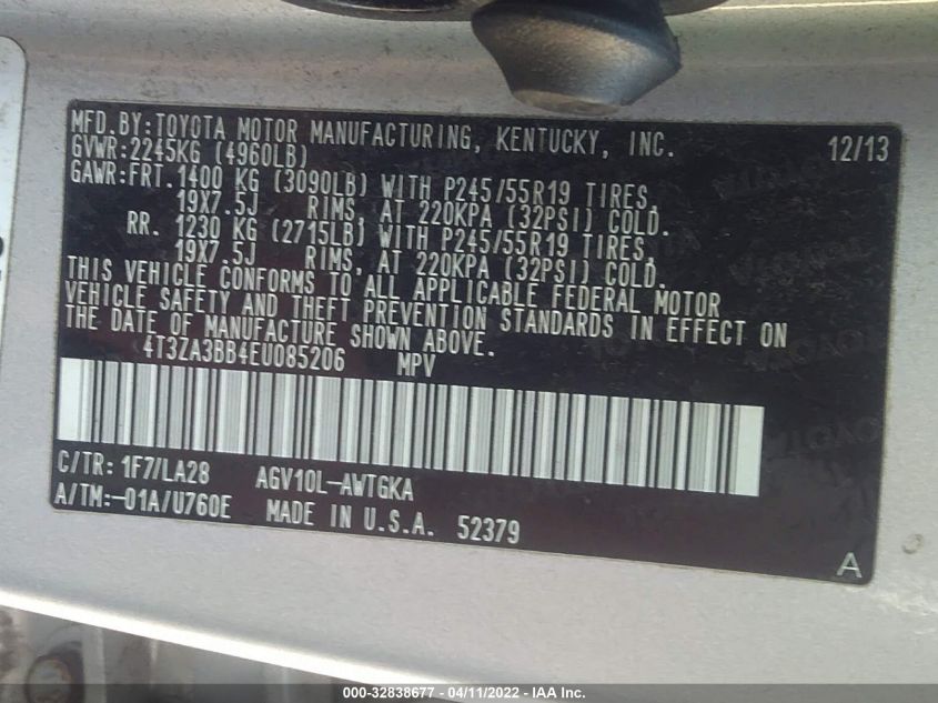 2014 TOYOTA VENZA XLE 4T3ZA3BB4EU085206
