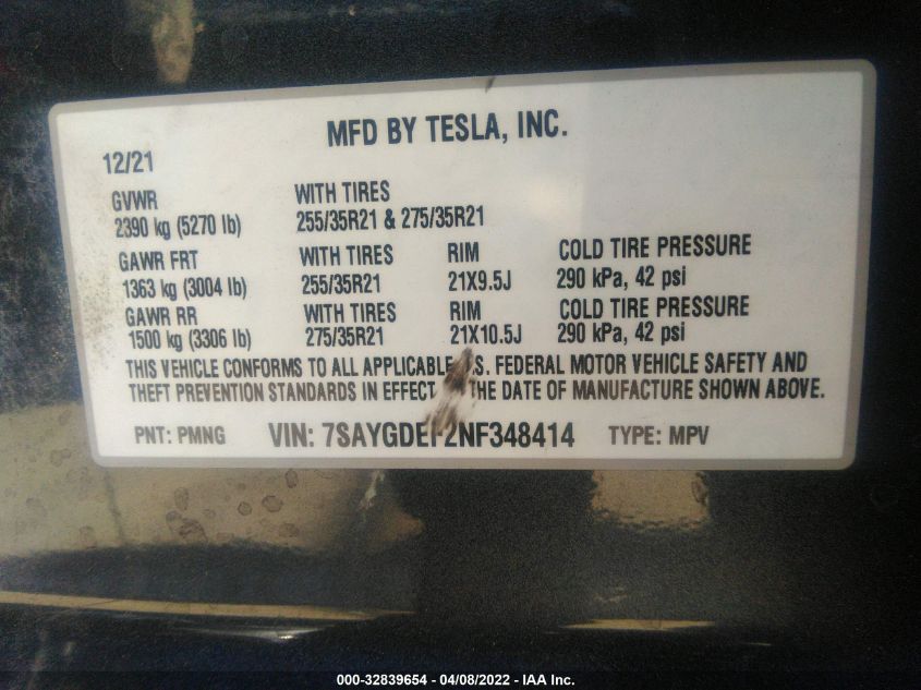 Auction sale of the 2022 TESLA MODEL Y , vin: 7SAYGDEF2NF348414, lot number: 32839654