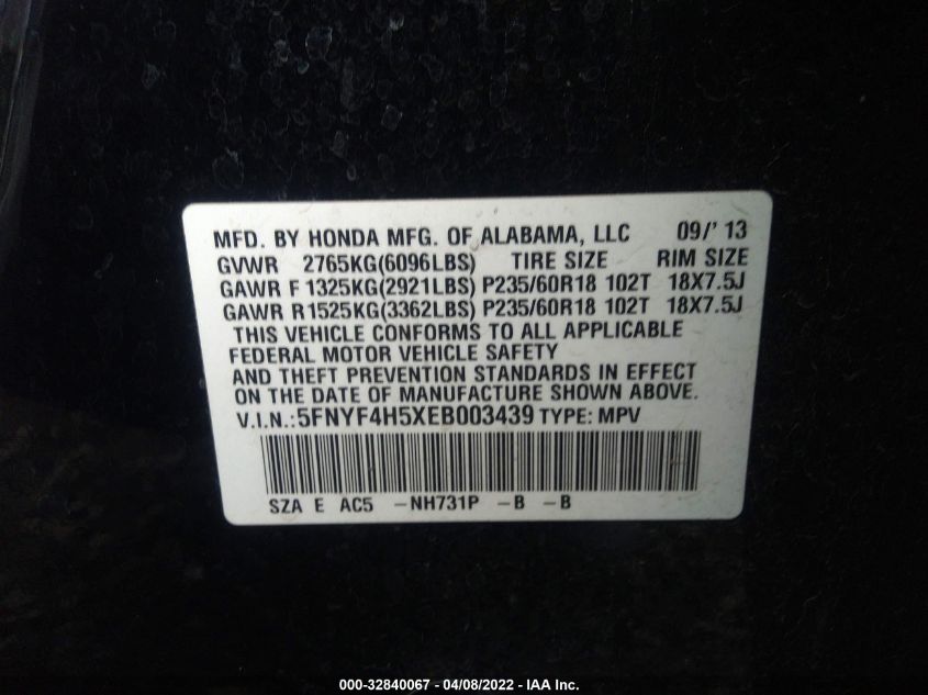 2014 HONDA PILOT EX-L 5FNYF4H5XEB003439