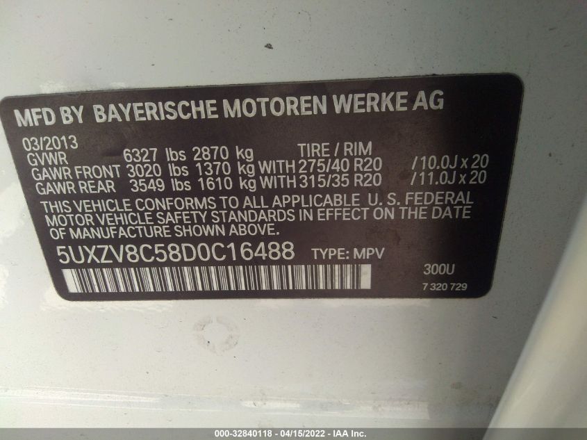 2013 BMW X5 XDRIVE50I 5UXZV8C58D0C16488