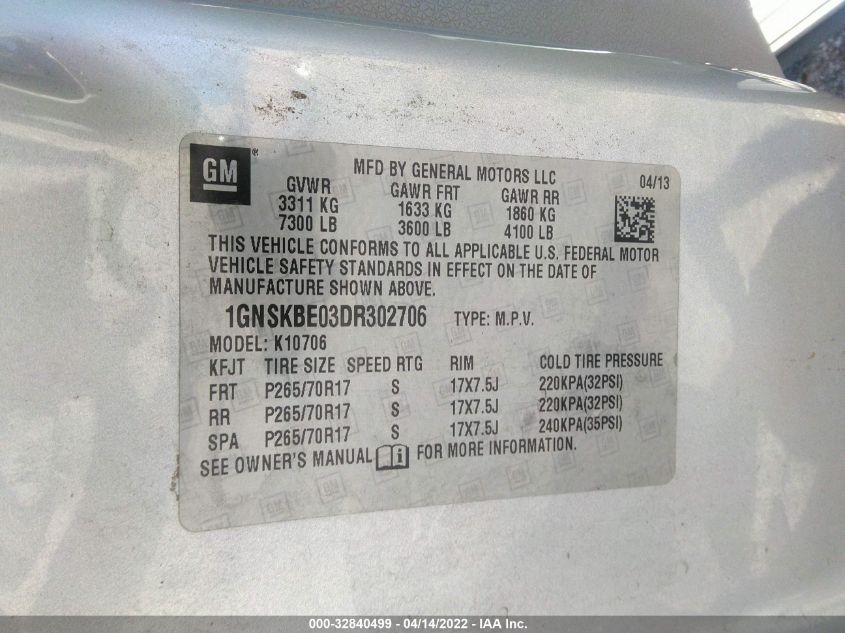 2013 CHEVROLET TAHOE LT 1GNSKBE03DR302706