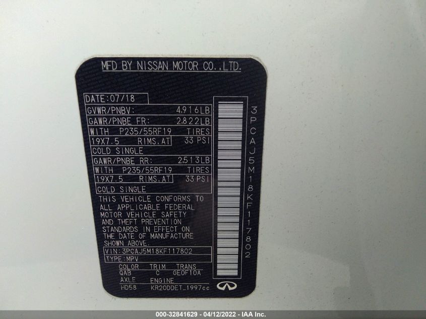 2019 INFINITI QX50 ESSENTIAL 3PCAJ5M18KF117802