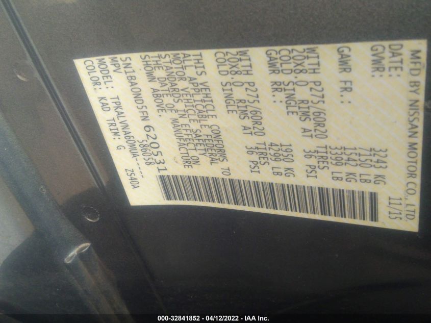 2015 NISSAN ARMADA SL 5N1BA0ND5FN620531