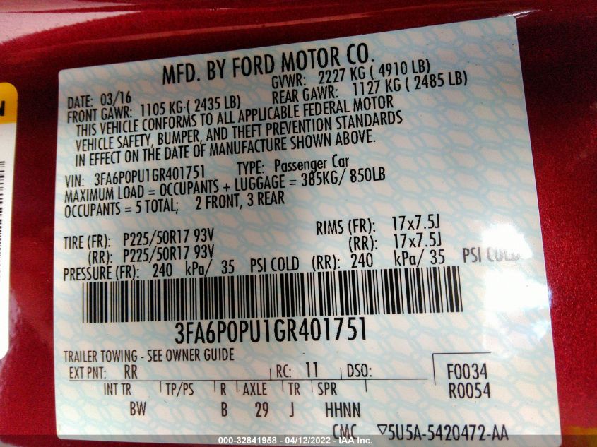 2016 FORD FUSION ENERGI SE LUXURY 3FA6P0PU1GR401751