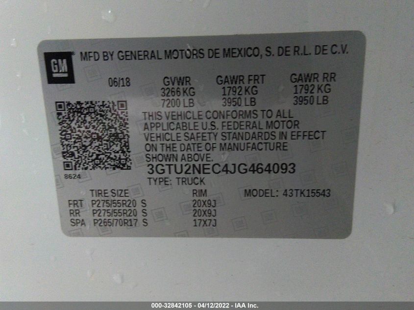 2018 GMC SIERRA 1500 SLT 3GTU2NEC4JG464093