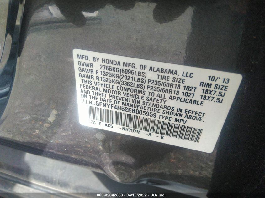 2014 HONDA PILOT EXL 5FNYF4H52EB005959