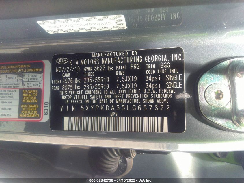 2020 KIA SORENTO SX V6 5XYPKDA55LG657322