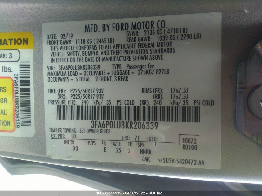 2019 FORD FUSION HYBRID SE 3FA6P0LU8KR206339