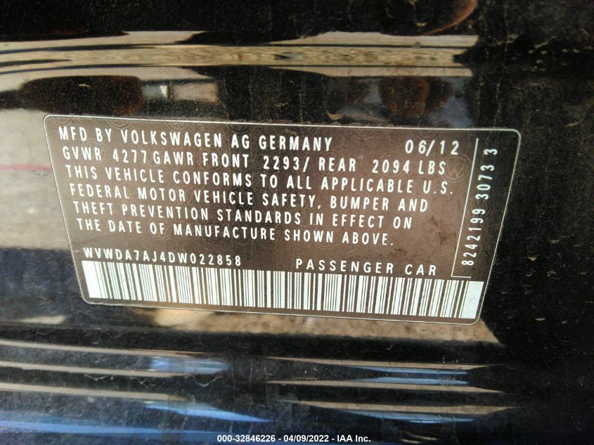 2013 VOLKSWAGEN GOLF W/CONV & SUNROOF WVWDA7AJ4DW022858