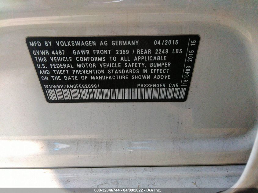 2015 VOLKSWAGEN CC R-LINE WVWBP7AN0FE826981