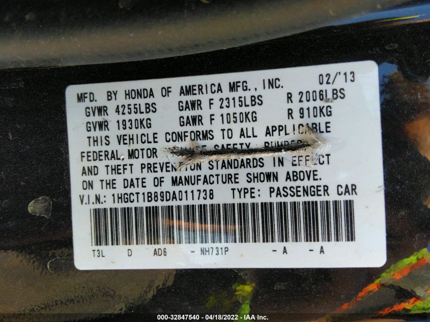 2013 HONDA ACCORD CPE EX-L 1HGCT1B89DA011738