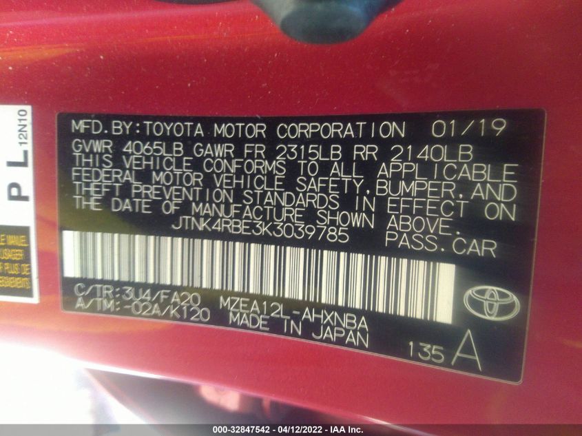 2019 TOYOTA COROLLA HATCHBACK SE/XSE JTNK4RBE3K3039785