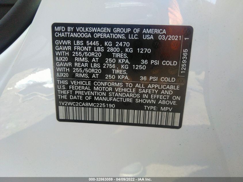 2021 VOLKSWAGEN ATLAS CROSS SPORT 2.0T SE W/TECHNOLOGY 1V2WC2CA8MC225190