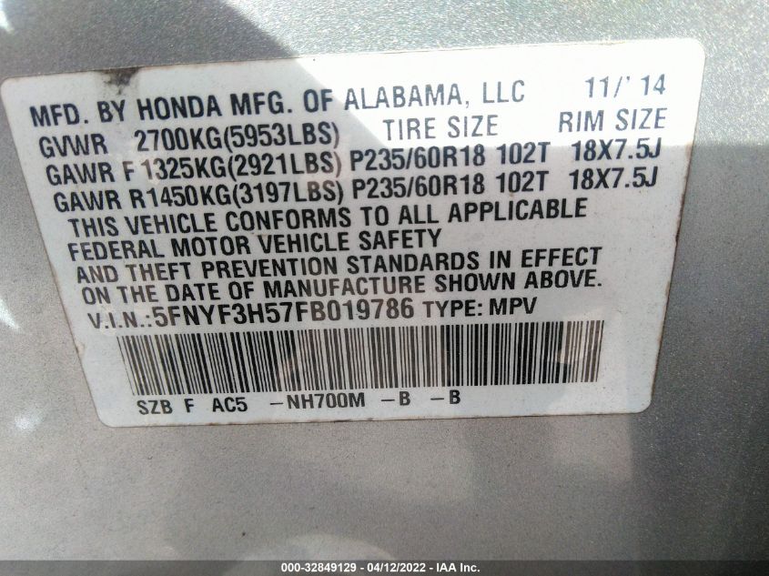 2015 HONDA PILOT EX-L 5FNYF3H57FB019786