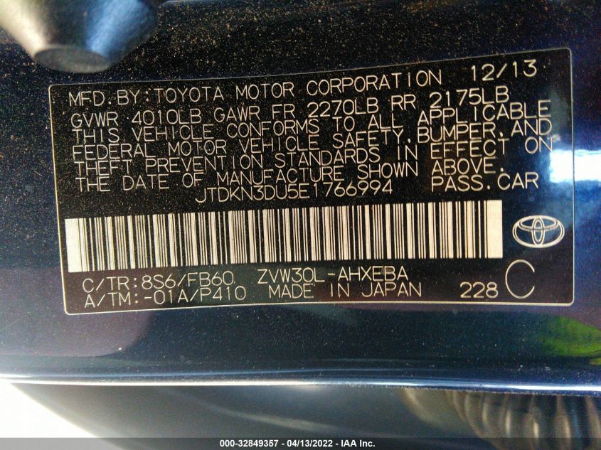 2014 TOYOTA PRIUS FOUR/FIVE/THREE/ONE/TWO JTDKN3DU5E1766994