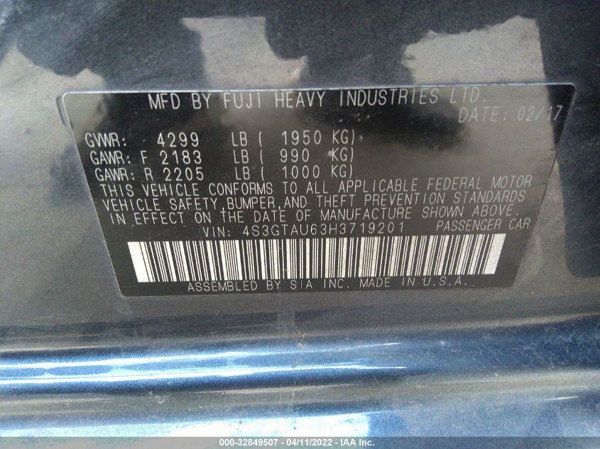 2017 SUBARU IMPREZA LIMITED 4S3GTAU63H3719201