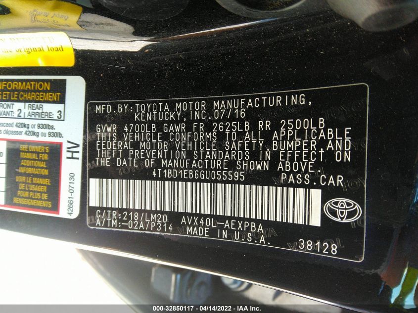 2016 TOYOTA AVALON HYBRID XLE PREMIUM/LIMITED 4T1BD1EB6GU055595