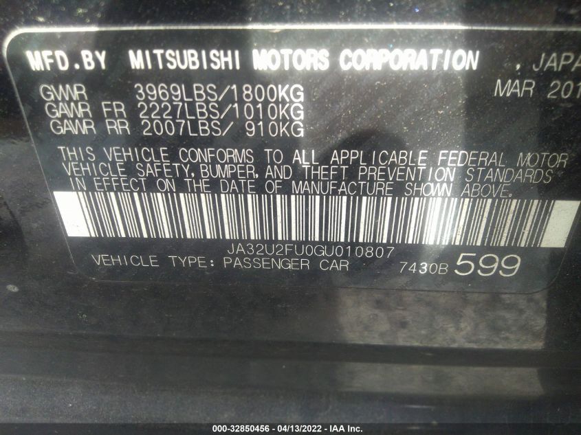 2016 MITSUBISHI LANCER ES JA32U2FU0GU010807