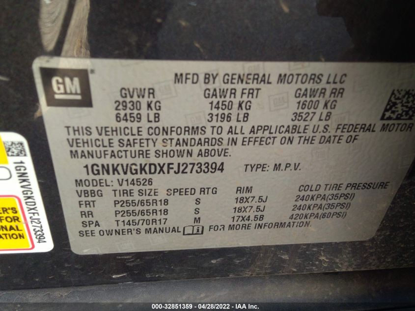 2015 CHEVROLET TRAVERSE LT 1GNKVGKDXFJ273394