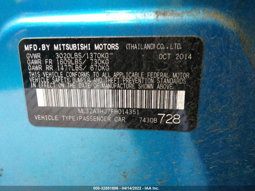 2015 MITSUBISHI MIRAGE DE/RF ML32A3HJ7FH014351