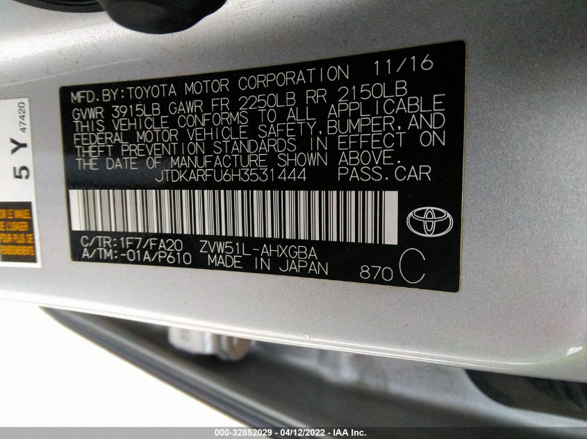 2017 TOYOTA PRIUS TWO/TWO ECO/THREE JTDKARFU6H3531444