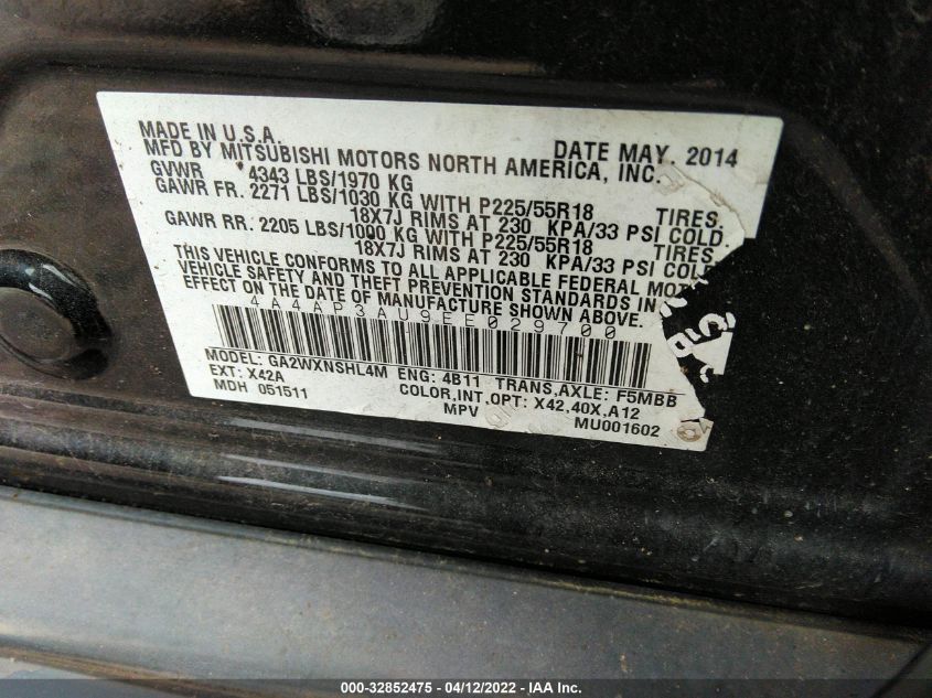 2014 MITSUBISHI OUTLANDER SPORT ES 4A4AP3AU9EE029700