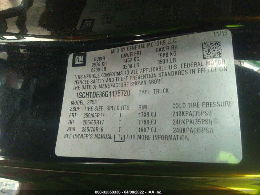 2016 CHEVROLET COLORADO 4WD Z71 1GCHTDE36G1175720