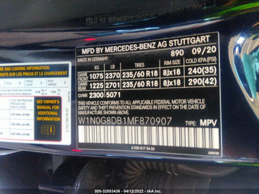 2021 MERCEDES-BENZ GLC GLC 300 W1N0G8DB1MF870907