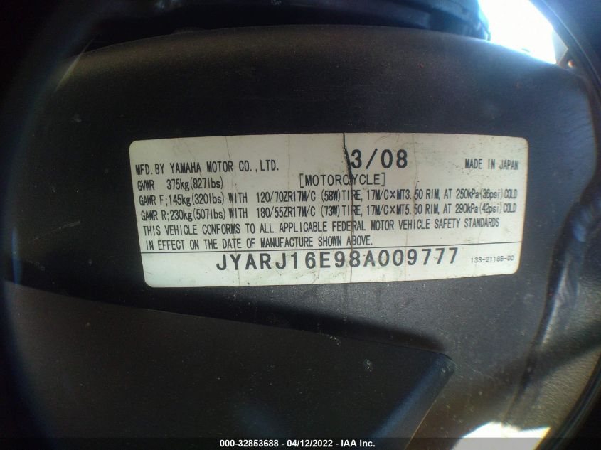 2008 YAMAHA YZFR6 JYARJ16E98A009777