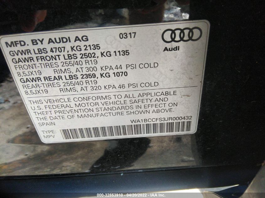 2018 AUDI Q3 PREMIUM/SPORT PREMIUM WA1BCCFS3JR000432