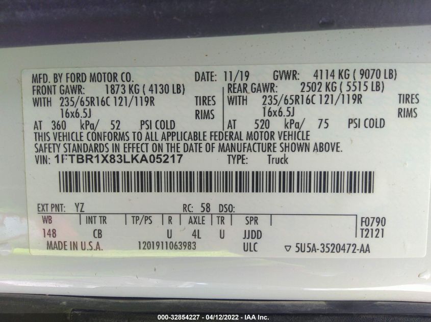 2020 FORD TRANSIT CARGO VAN 1FTBR1X83LKA05217