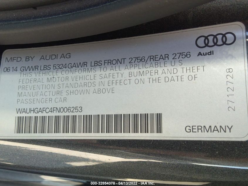 2015 AUDI A6 3.0T PRESTIGE WAUHGAFC4FN006253