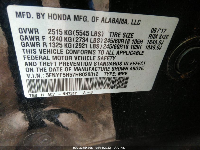 2017 HONDA PILOT EX-L 5FNYF5H57HB030012