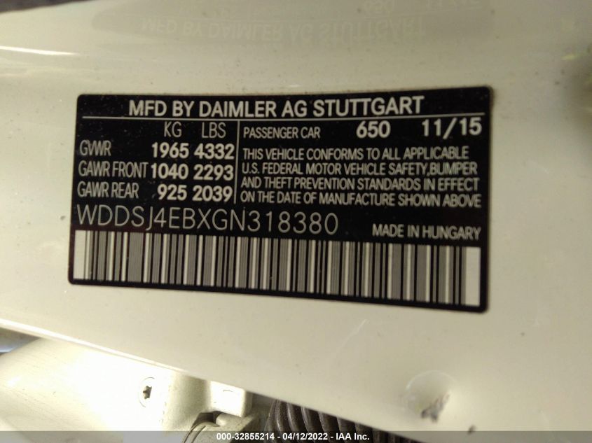 2016 MERCEDES-BENZ CLA CLA 250 WDDSJ4EBXGN318380