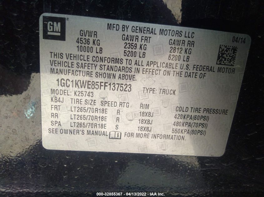 2015 CHEVROLET SILVERADO 2500HD LTZ 1GC1KWE85FF137523