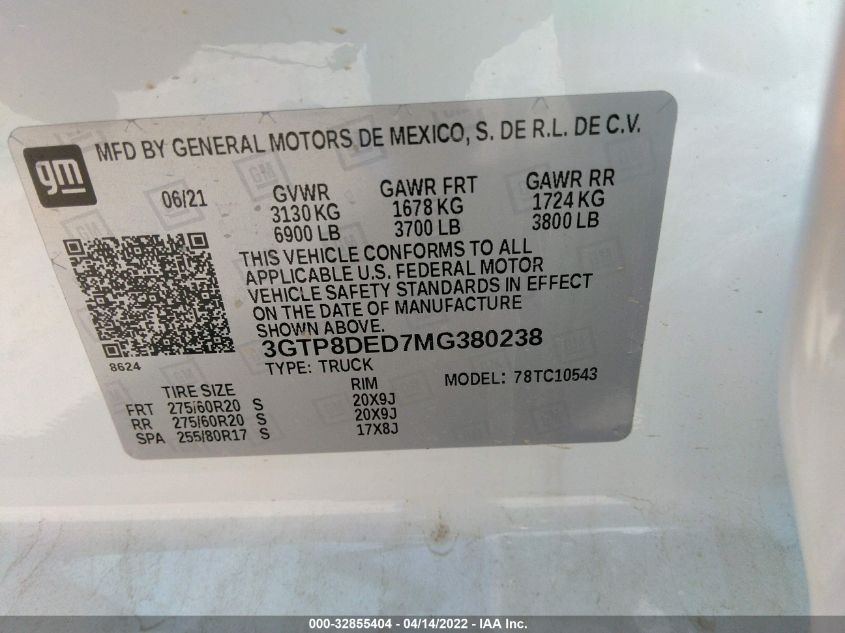 2021 GMC SIERRA 1500 SLT 3GTP8DED7MG380238