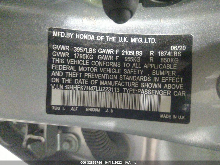 2020 HONDA CIVIC HATCHBACK SPORT SHHFK7H47LU223113