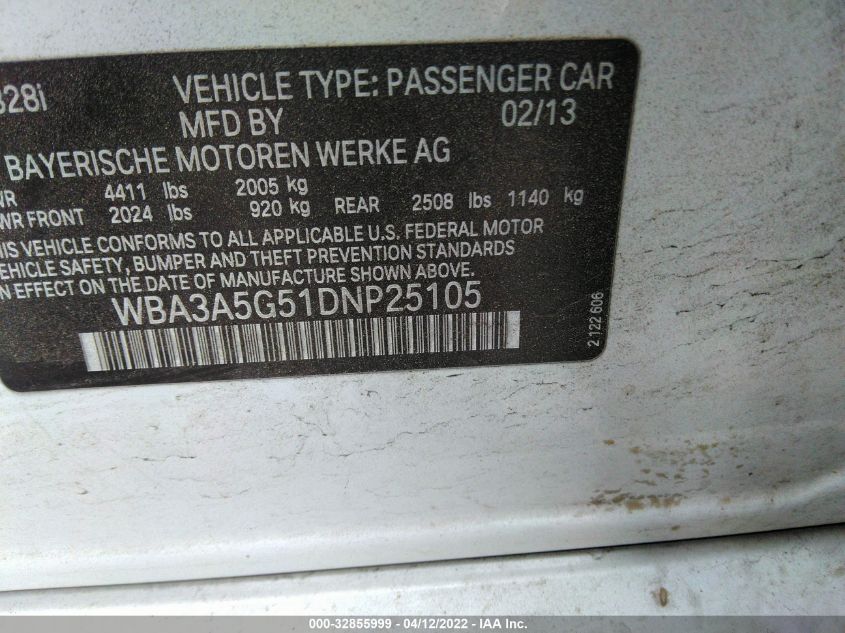 2013 BMW 3 SERIES 328I WBA3A5G51DNP25105