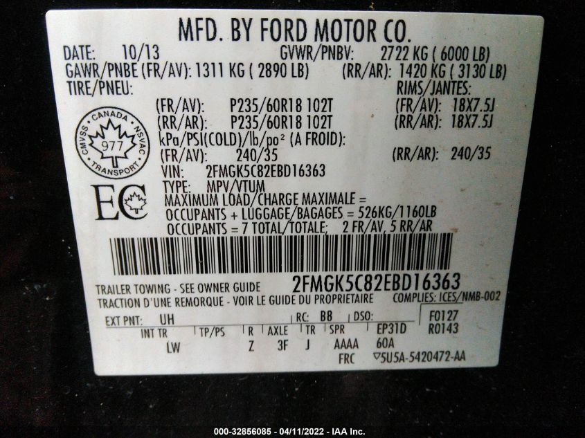 2014 FORD FLEX SEL 2FMGK5C82EBD16363