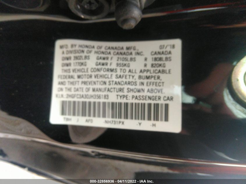 2018 HONDA CIVIC COUPE EX-T 2HGFC3A30JH356183