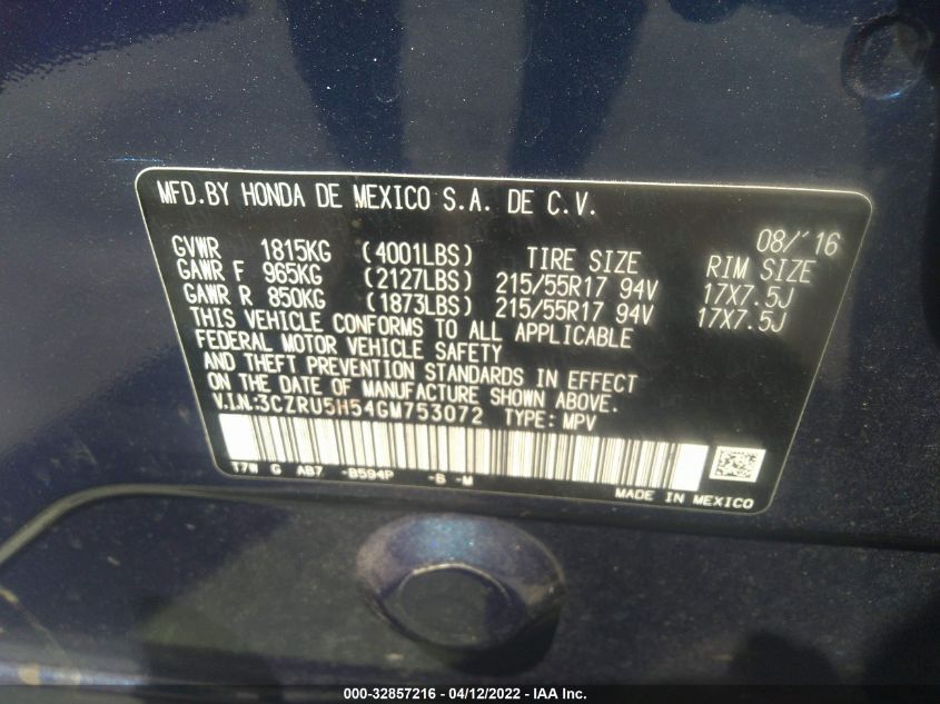 2016 HONDA HR-V EX 3CZRU5H54GM753072