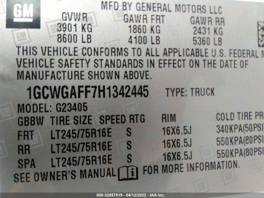 2017 CHEVROLET EXPRESS CARGO VAN 1GCWGAFF7H1342445
