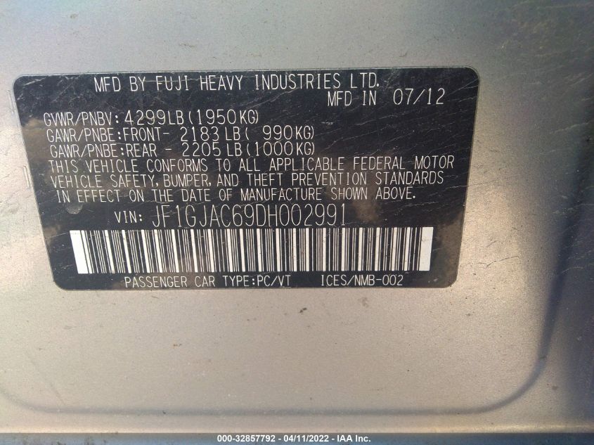 2013 SUBARU IMPREZA SEDAN PREMIUM JF1GJAC69DH002991