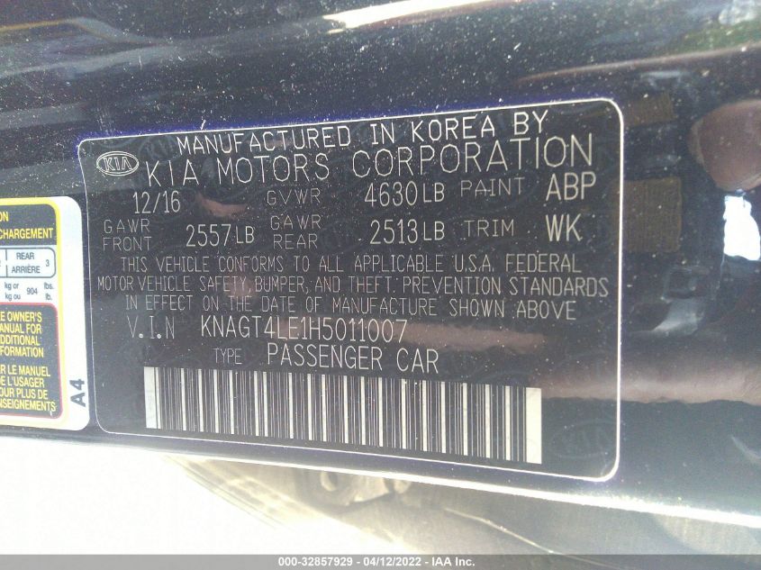 2017 KIA OPTIMA HYBRID BASE KNAGT4LE1H5011007