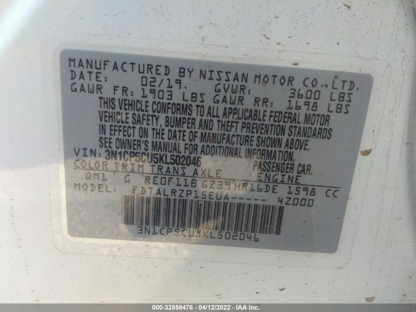 2019 NISSAN KICKS S 3N1CP5CU5KL502046
